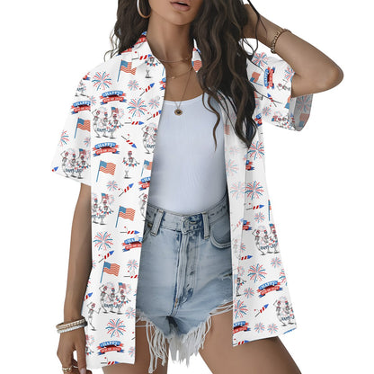 Second lifestyle view showing the family matching patriotic skeletons hawaiian shirt being worn outdoors