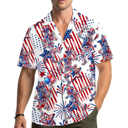 Lifestyle view of a person wearing the patriotic skeletons hawaiian shirt