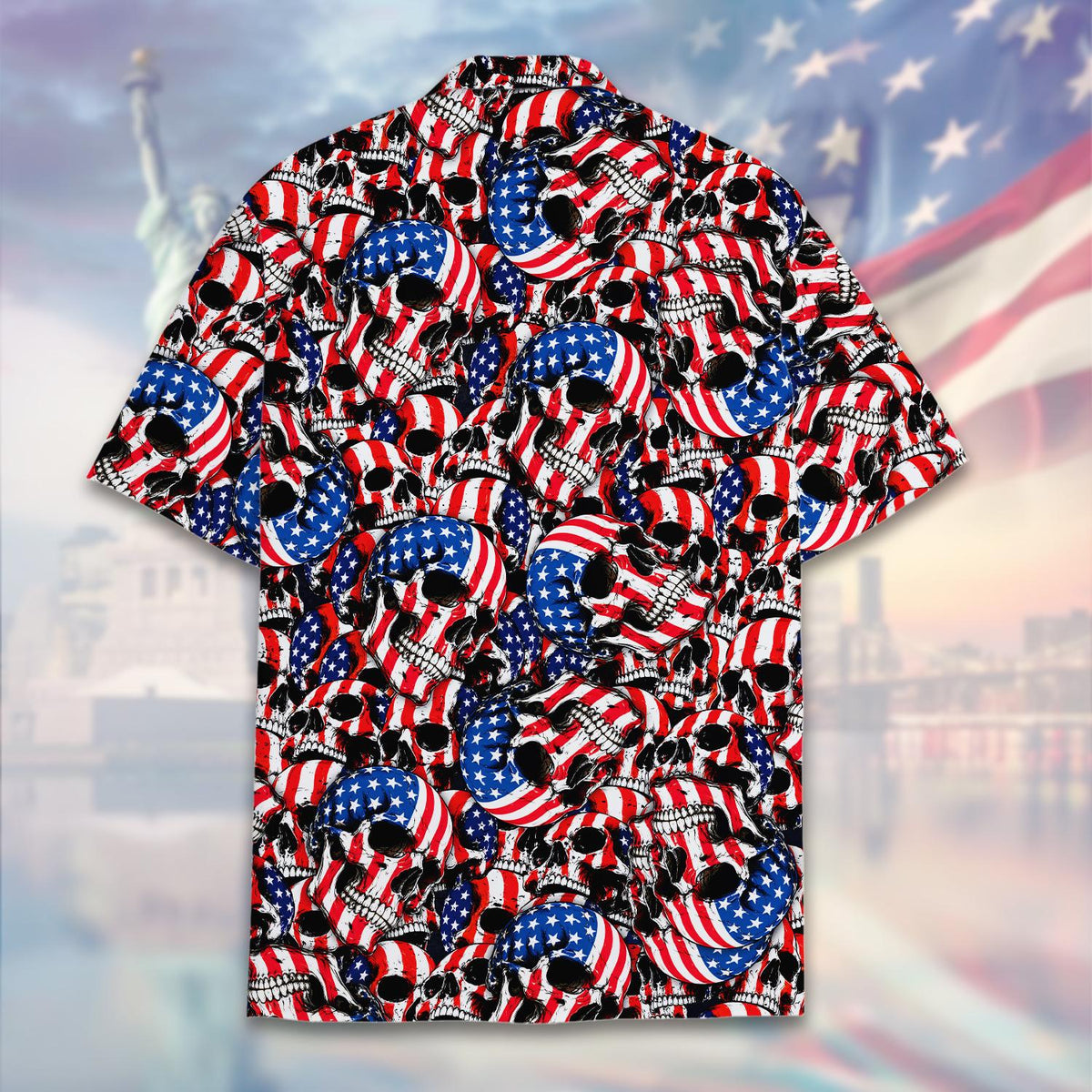 Back view of the patriotic skulls hawaiian shirt