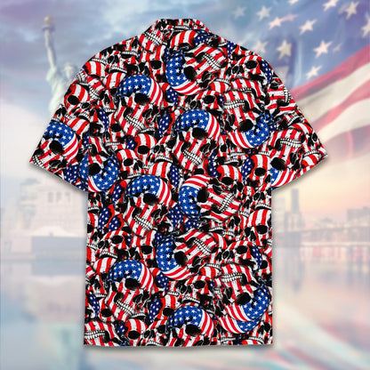 Back view of the patriotic skulls hawaiian shirt