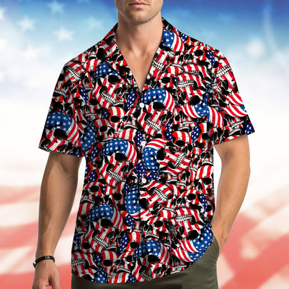 Detailed front view of American flag skull hawaiian shirt
