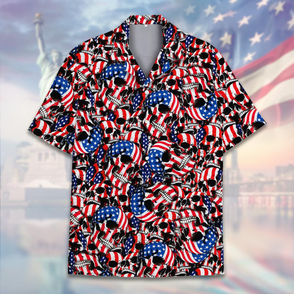 Full front view of the red white and blue skull shirt