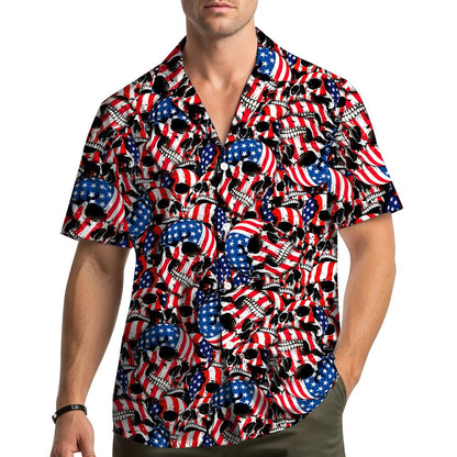 Patriotic skulls hawaiian shirt featuring red white and blue flag design
