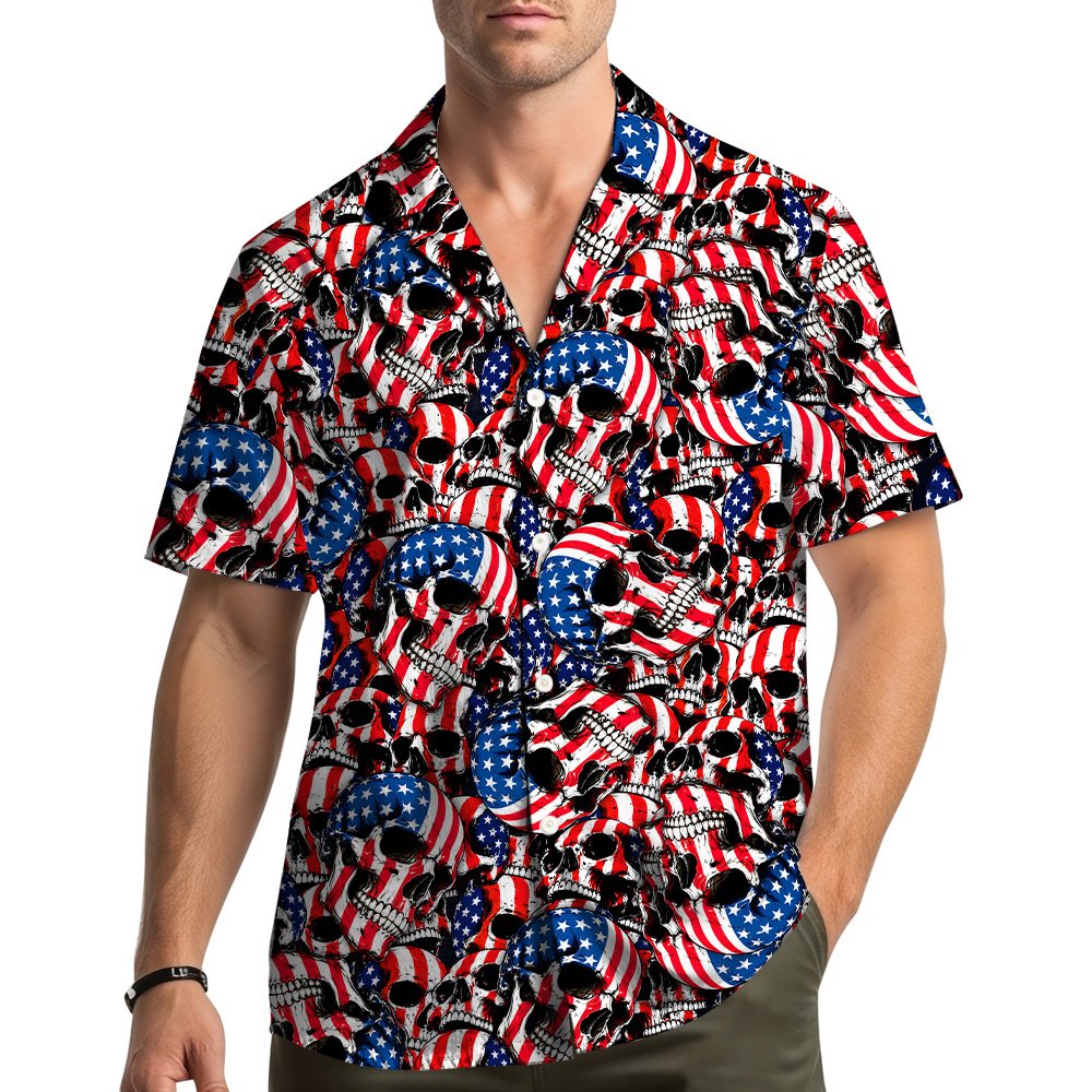 Front view of the patriotic skulls hawaiian shirt