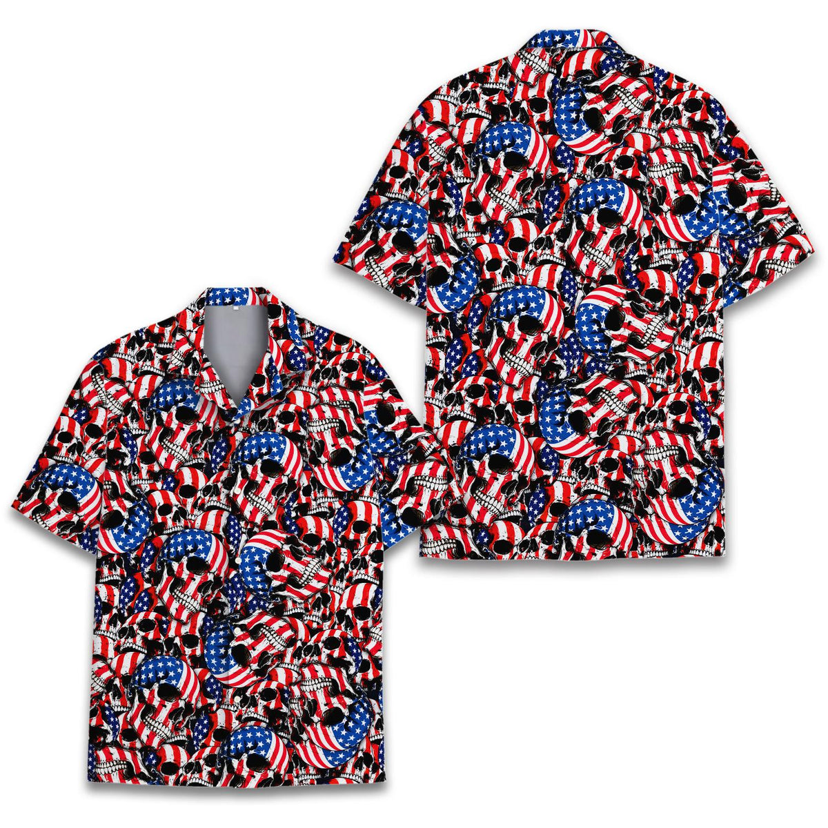 Man wearing the American flag skull hawaiian shirt outdoors