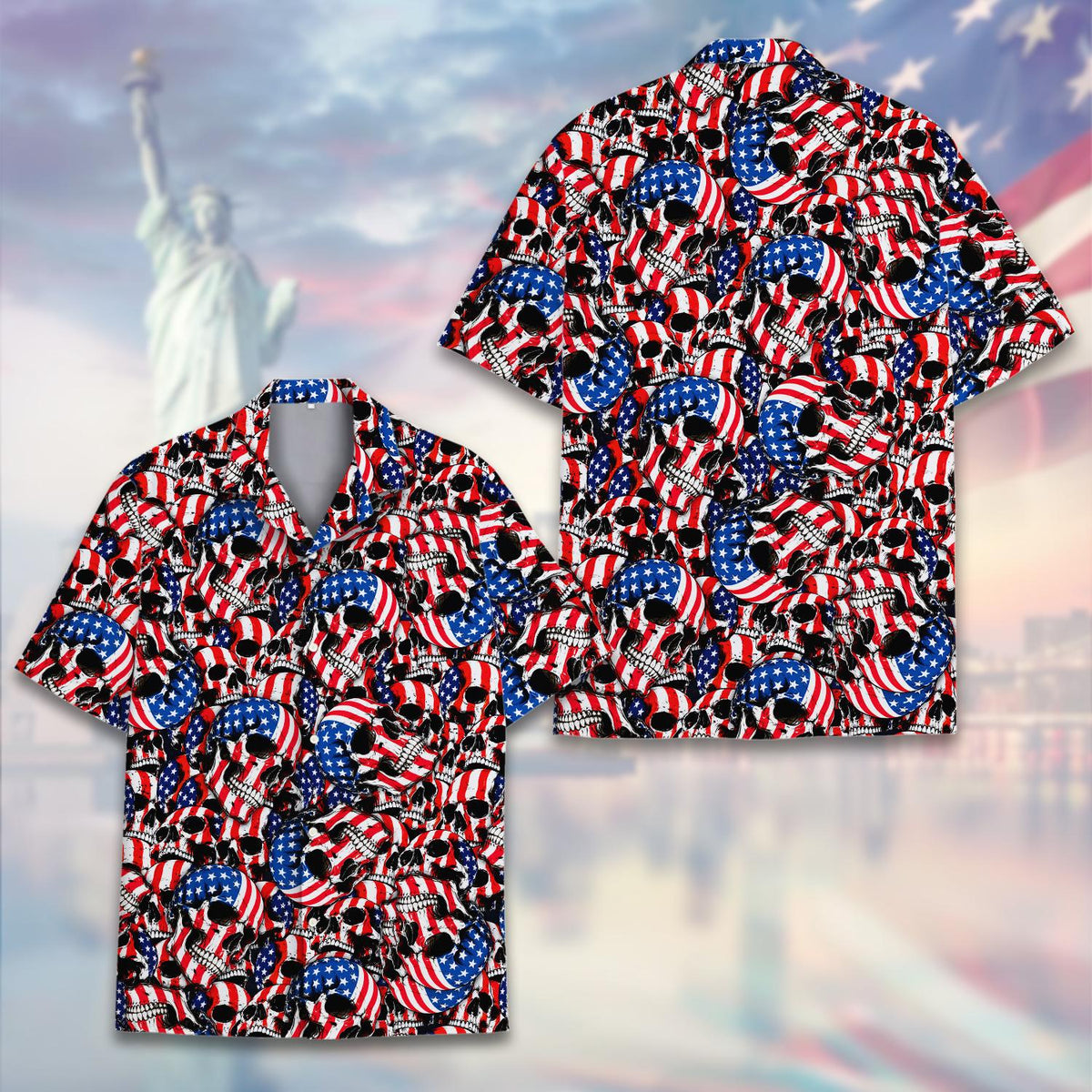 Another lifestyle view of the patriotic skull hawaiian shirt