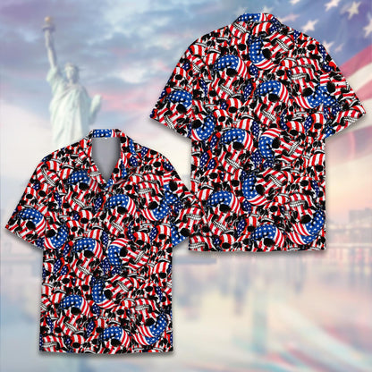 Another lifestyle view of the patriotic skull hawaiian shirt