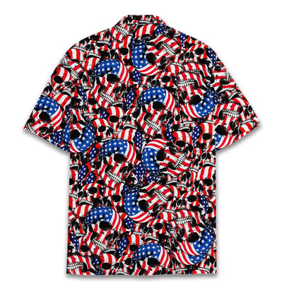 Lifestyle view of someone wearing the patriotic skulls shirt