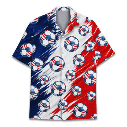 Detailed front view of the matching family hawaiian shirt with American flag soccer ball design