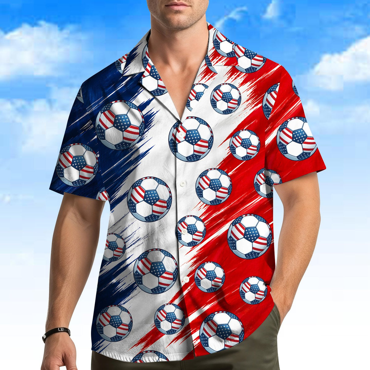 Another front view of the patriotic soccer hawaiian shirt