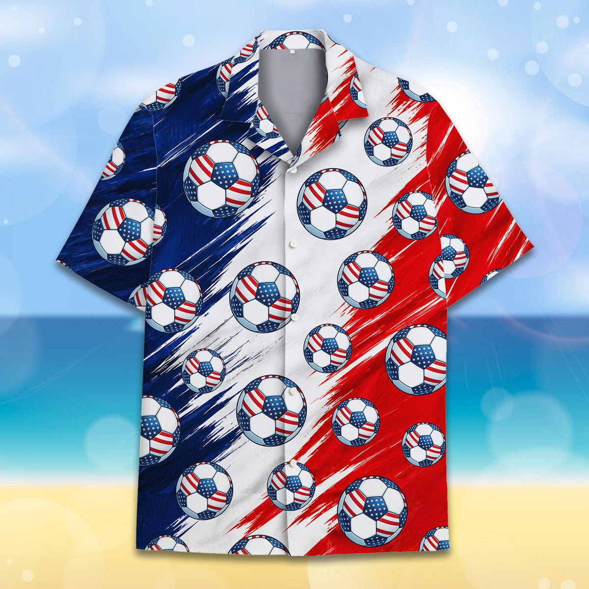 Front side view of the red, white, and blue soccer hawaiian shirt