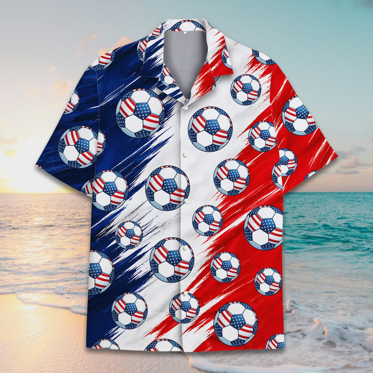 Additional front view of the patriotic soccer hawaiian shirt
