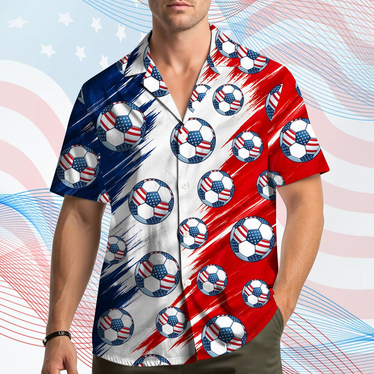 Front view showing the abstract background of the soccer hawaiian shirt