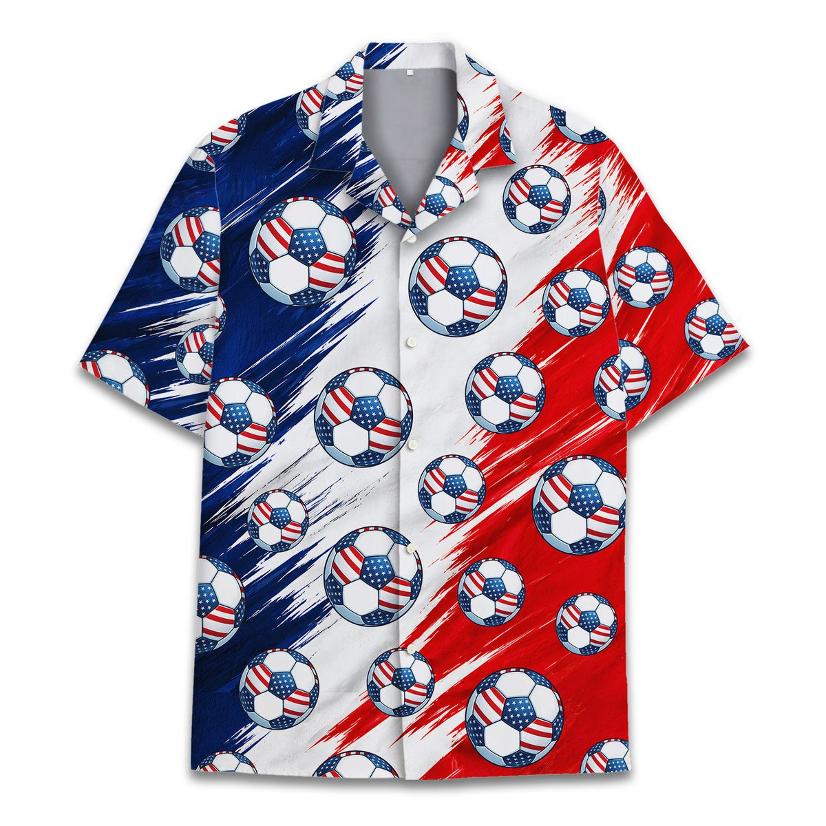 Patriotic soccer hawaiian shirt featuring red, white, and blue flag-patterned soccer balls on an abstract background, front view