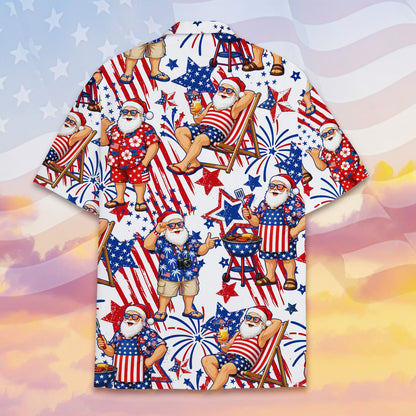 Detailed back view showing the all-over summer Santa print