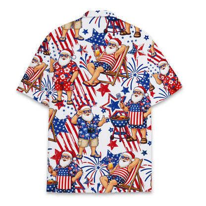 Back view of the patriotic summer Santa hawaiian shirt