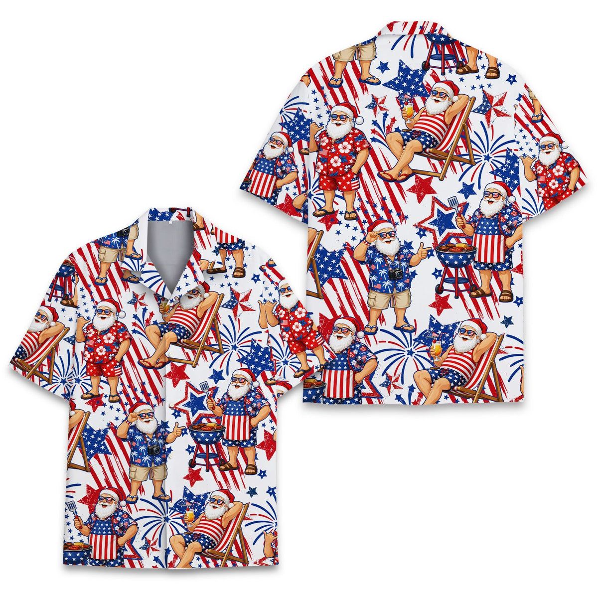 Close-up front view of the patriotic summer Santa design on the hawaiian shirt
