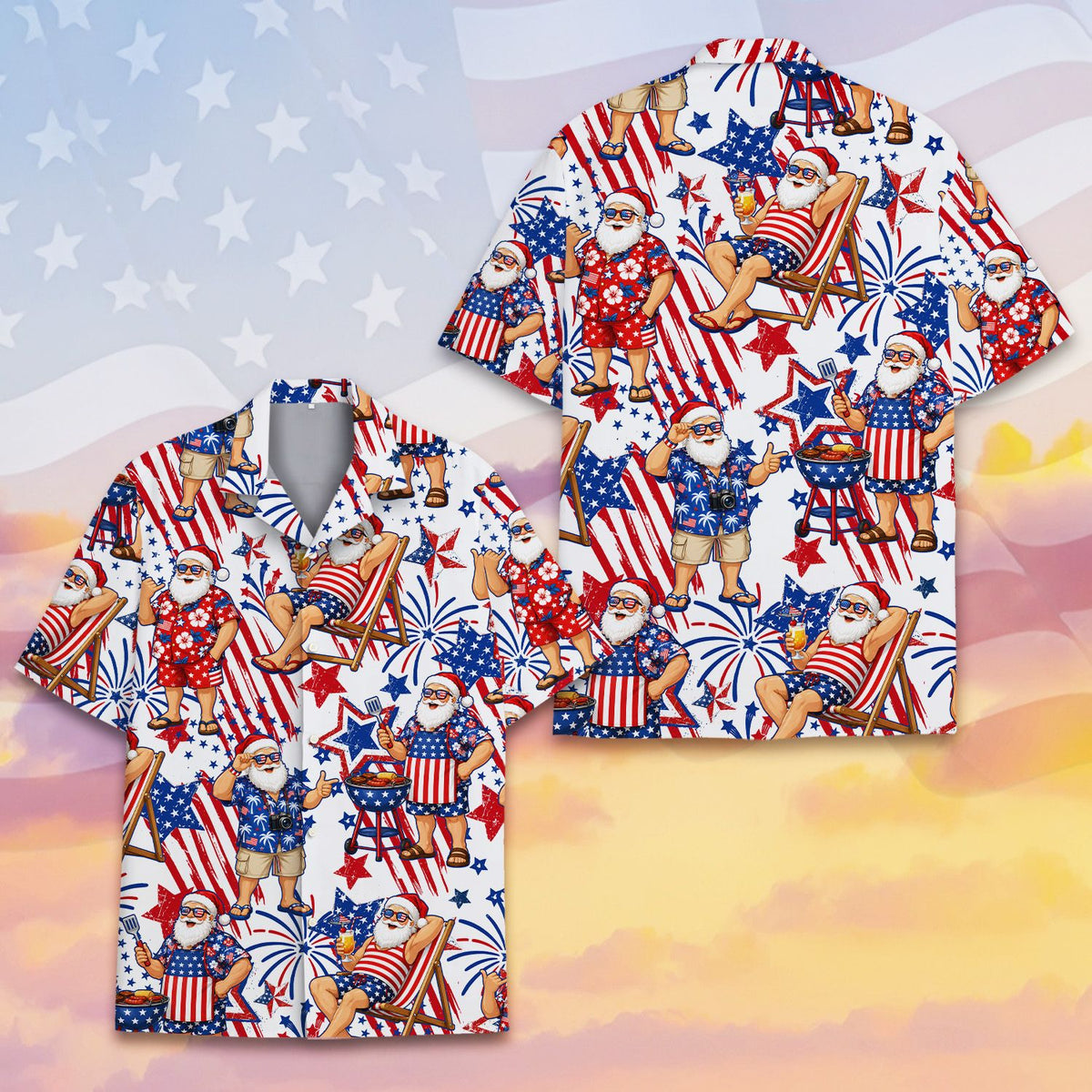 Detailed front view highlighting the tropical holiday pattern on the hawaiian shirt