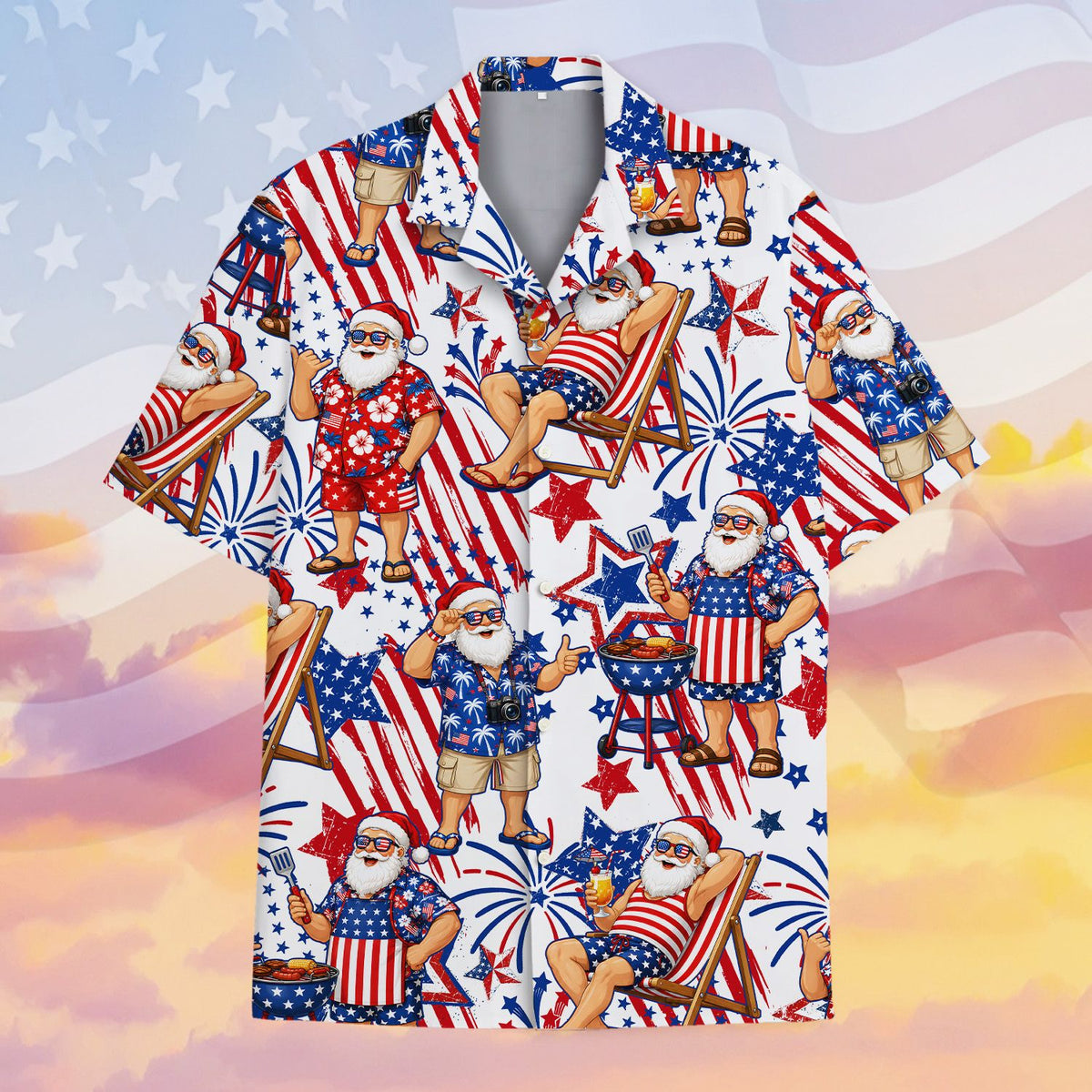 Front view of the matching family hawaiian shirt with red, white, and blue stars and stripes