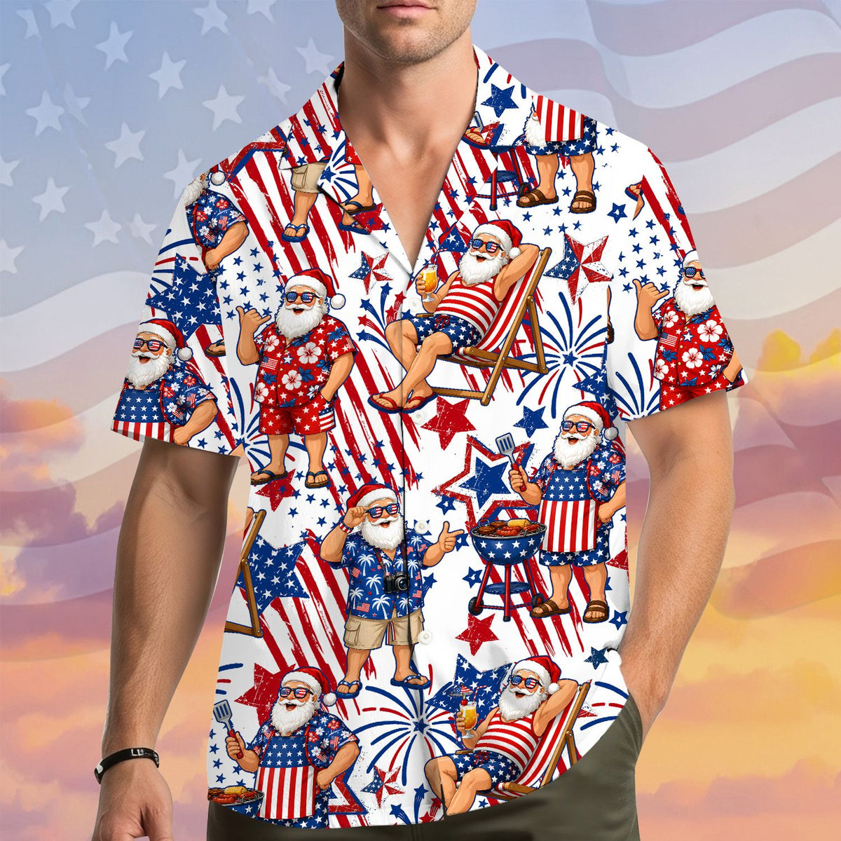 Second lifestyle image showing the matching family hawaiian shirts in a festive summer setting