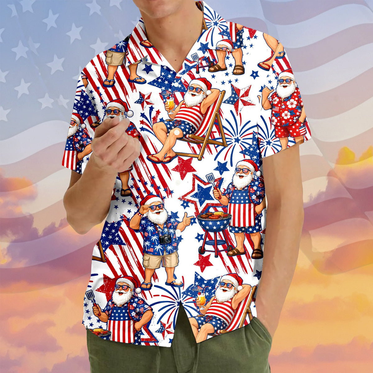 Fourth lifestyle image of the Fourth of July hawaiian shirt being worn