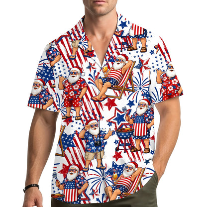 Lifestyle image of a family wearing matching patriotic hawaiian shirts