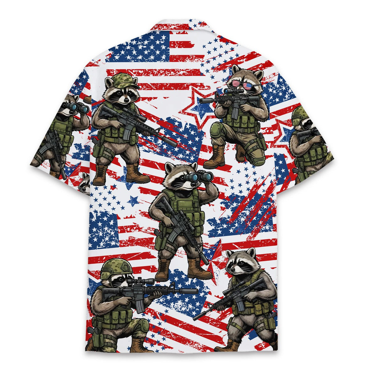 Back view of the distressed American flag and tactical raccoon design