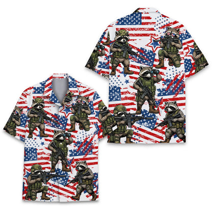 Front view of the white, red, and navy tactical hawaiian shirt