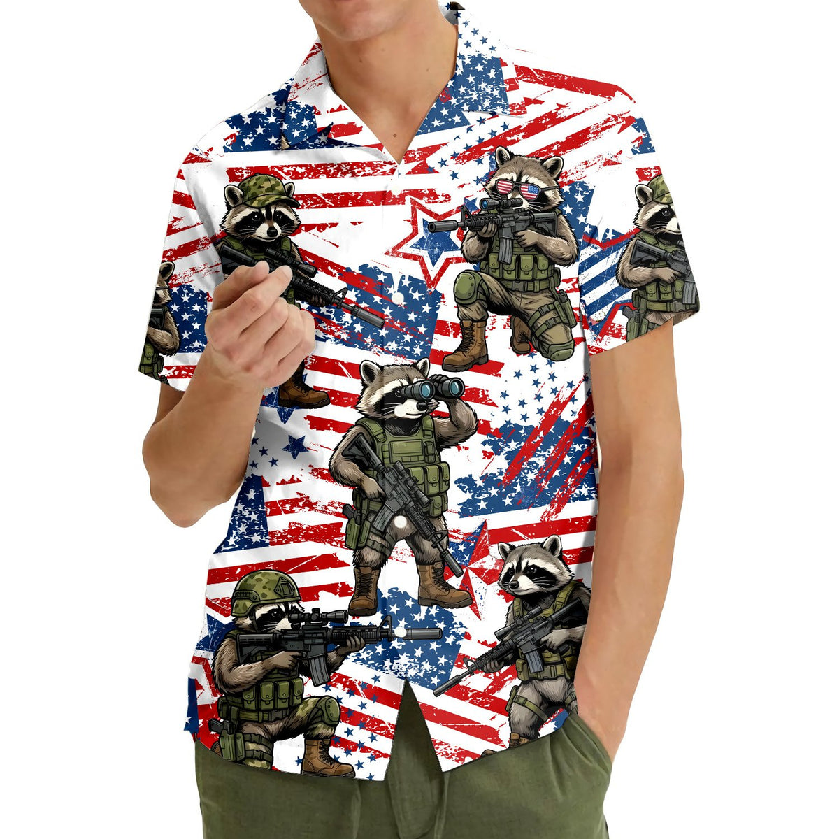 Close-up lifestyle view of the patriotic tactical hawaiian shirt