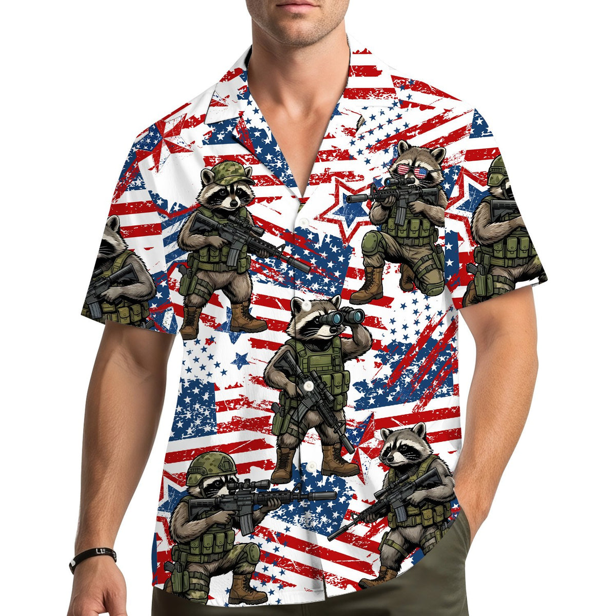 Family wearing matching family hawaiian shirts outdoors for the Fourth of July