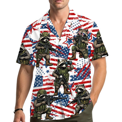 Family wearing matching family hawaiian shirts outdoors for the Fourth of July
