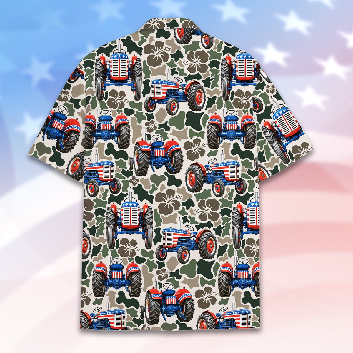 Close up of patriotic tractor camo Hawaiian shirt back