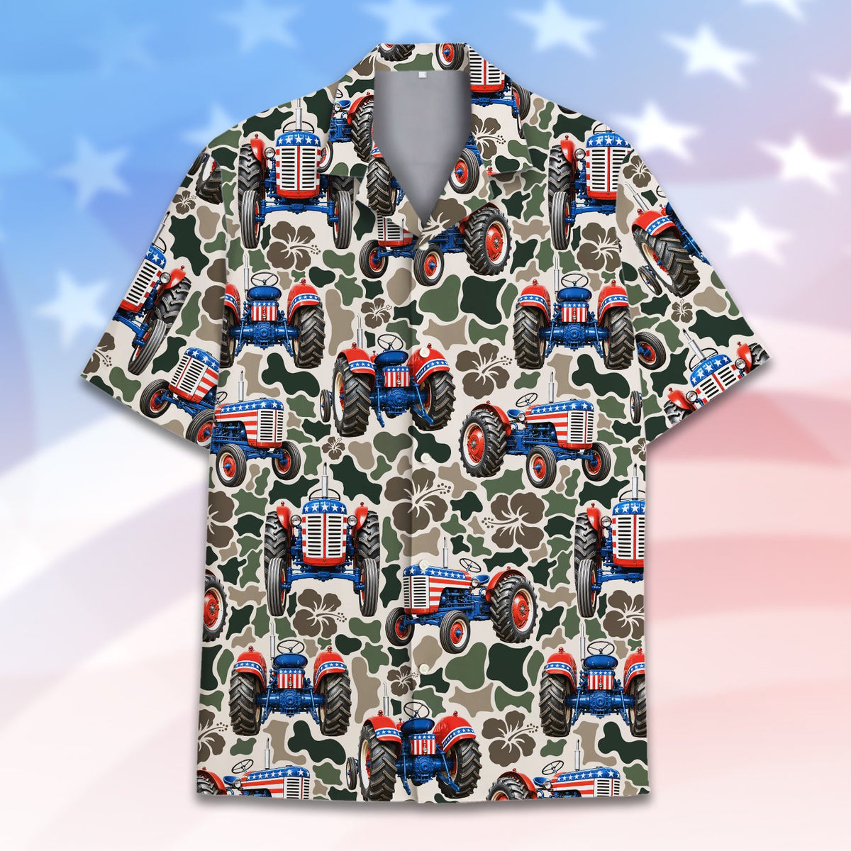 Another close up of patriotic tractor camo Hawaiian shirt front