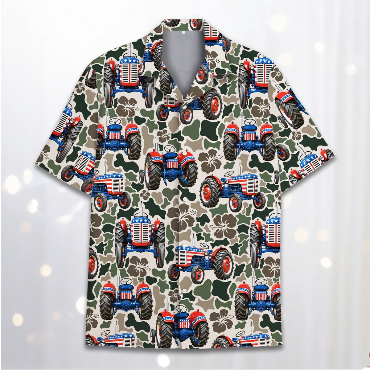 Detailed view of patriotic tractor camo Hawaiian shirt front