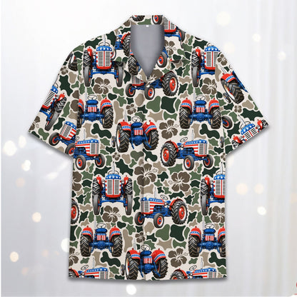 Detailed view of patriotic tractor camo Hawaiian shirt front