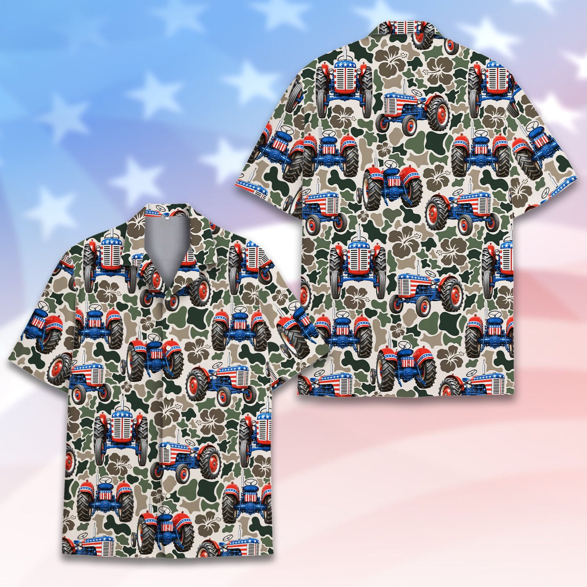 Patriotic tractor camo Hawaiian shirt front view
