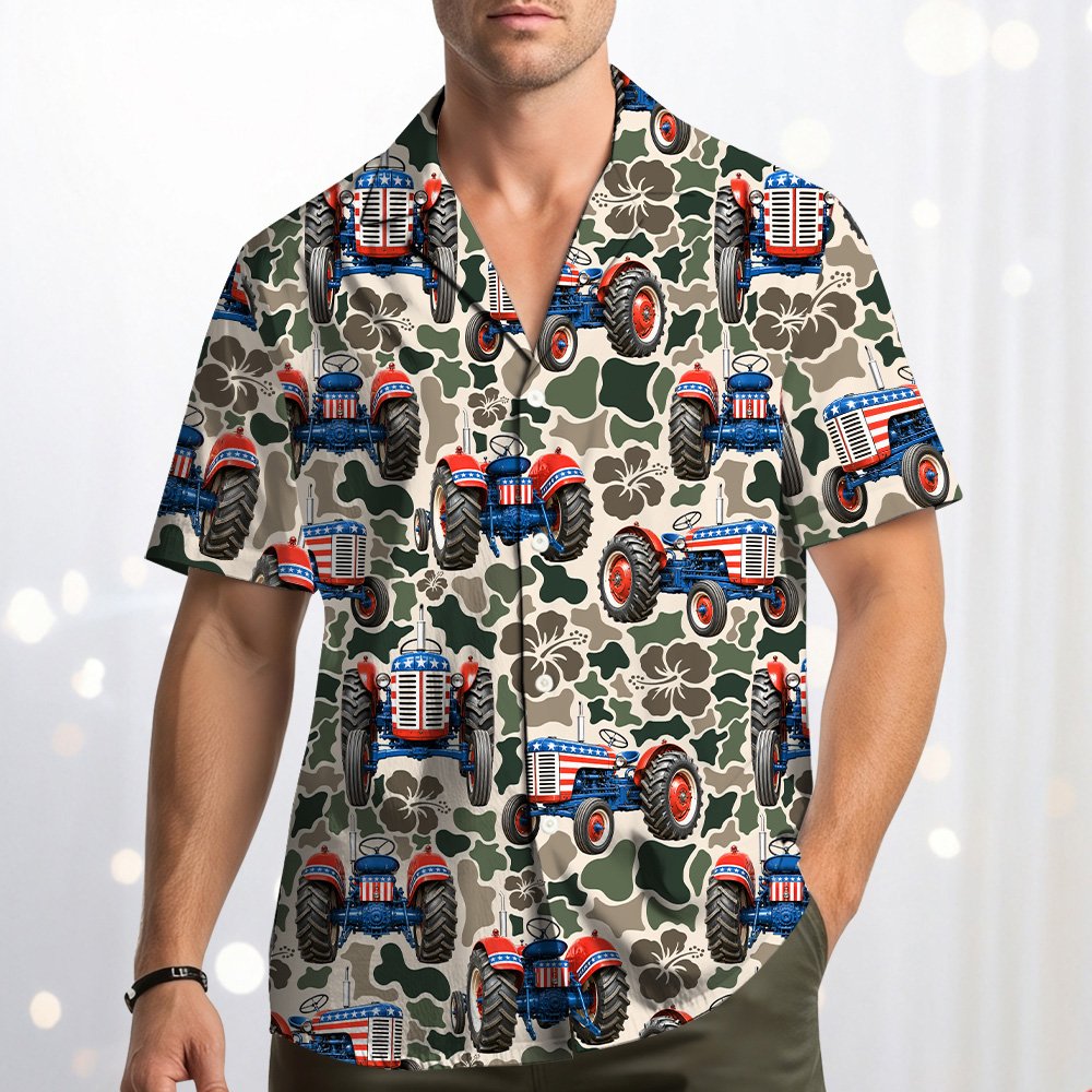 Another lifestyle image of person wearing patriotic tractor camo Hawaiian shirt