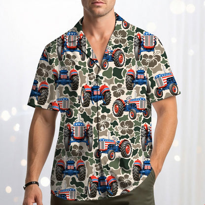 Another lifestyle image of person wearing patriotic tractor camo Hawaiian shirt