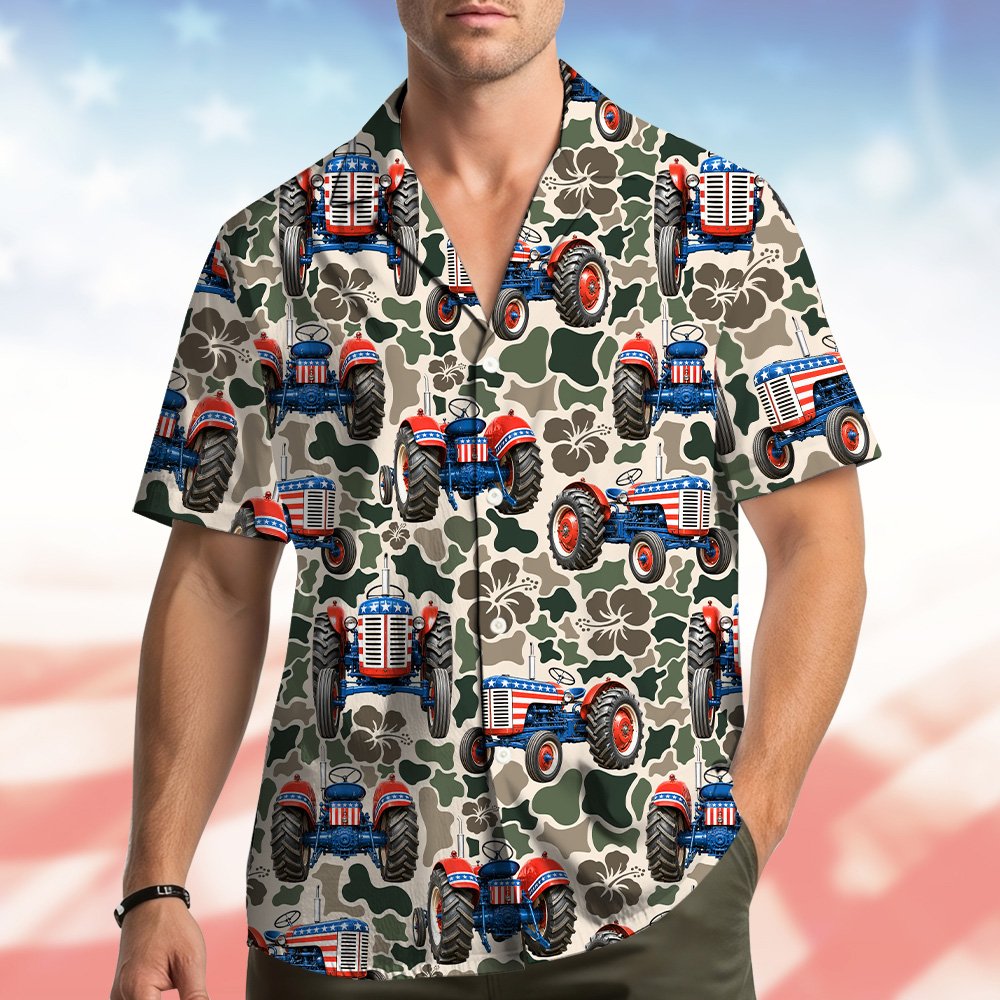 Third lifestyle image of person wearing patriotic tractor camo Hawaiian shirt