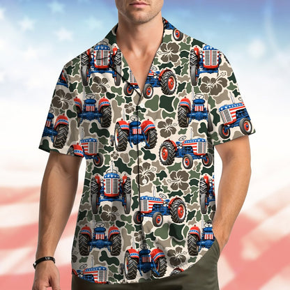 Third lifestyle image of person wearing patriotic tractor camo Hawaiian shirt