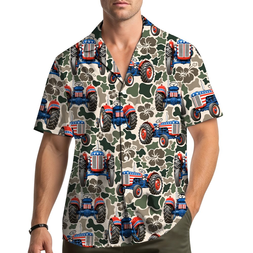 Lifestyle image of person wearing patriotic tractor camo Hawaiian shirt