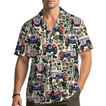 Lifestyle image of person wearing patriotic tractor camo Hawaiian shirt