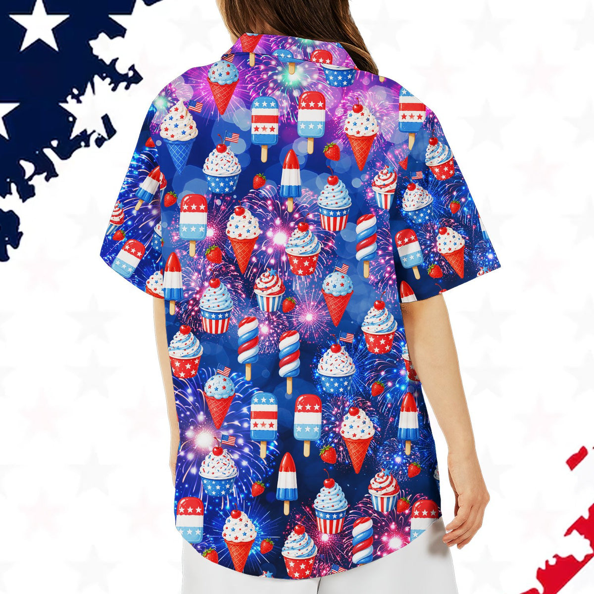 Back view of the patriotic treats hawaiian shirt