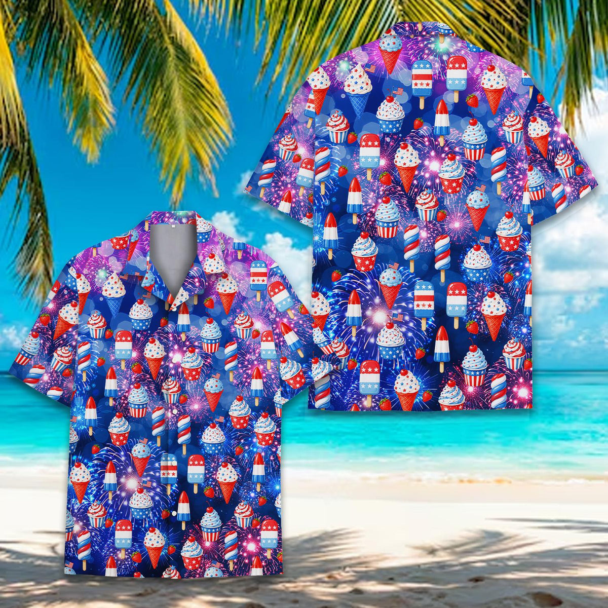 Another front view of the patriotic fireworks hawaiian shirt