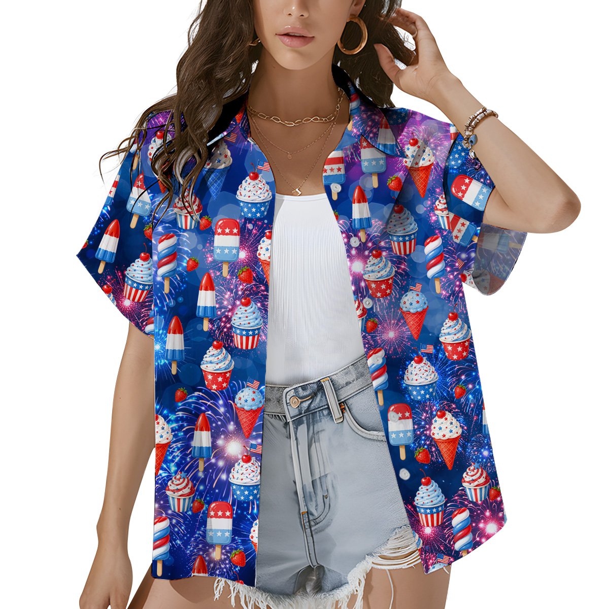 Front view of the blue patriotic treats hawaiian shirt