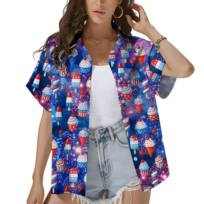 Front view of the blue patriotic treats hawaiian shirt