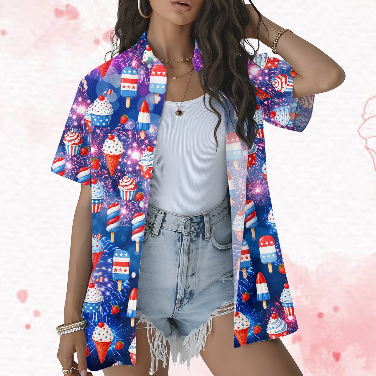 Third lifestyle view of the patriotic summer treats hawaiian shirt