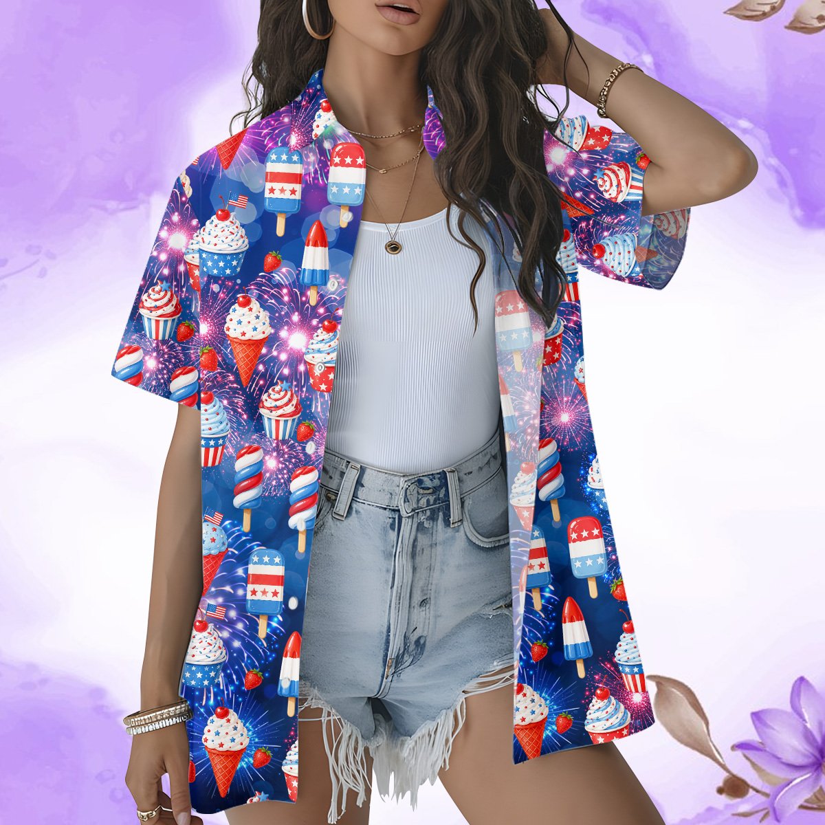 Fourth lifestyle view highlighting the festive hawaiian shirt pattern