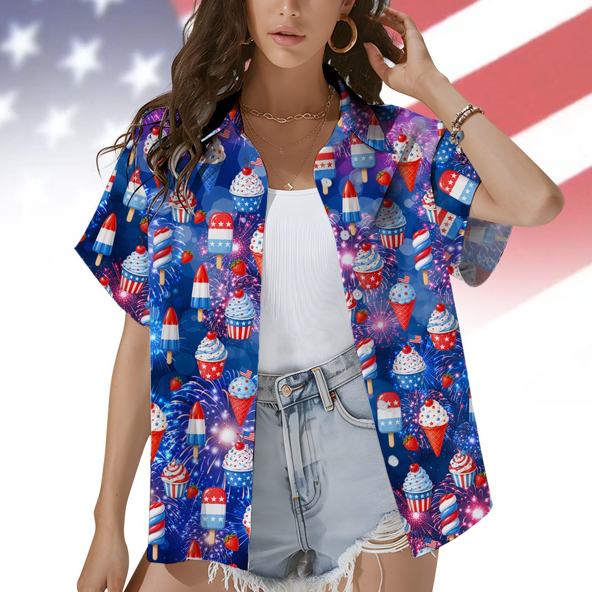 Lifestyle view of someone wearing the fourth of july hawaiian shirt