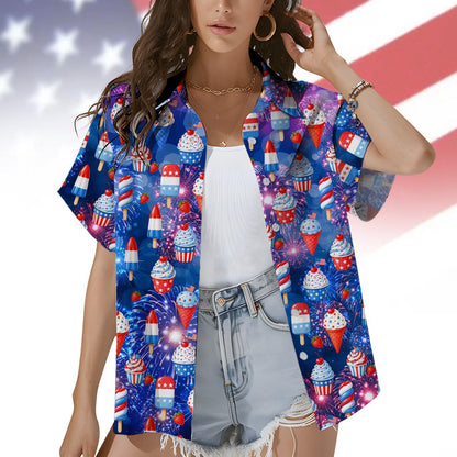 Lifestyle view of someone wearing the fourth of july hawaiian shirt